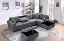 New Sleek Grey Sectional Sofa with Storage Ottoman Big Sale