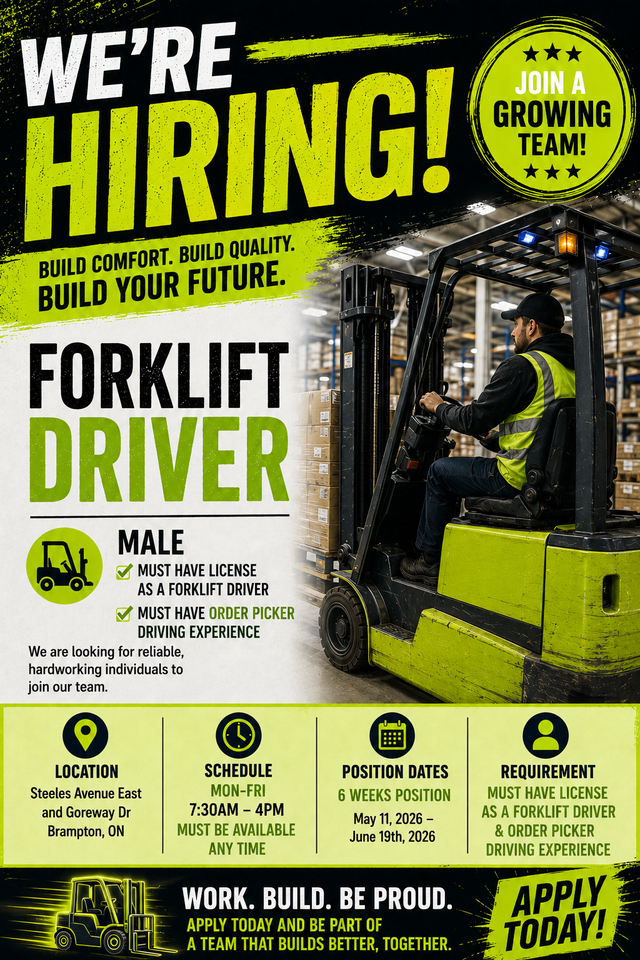 NOW HIRING: FORKLIFT DRIVER – TEMPORARY POSITION