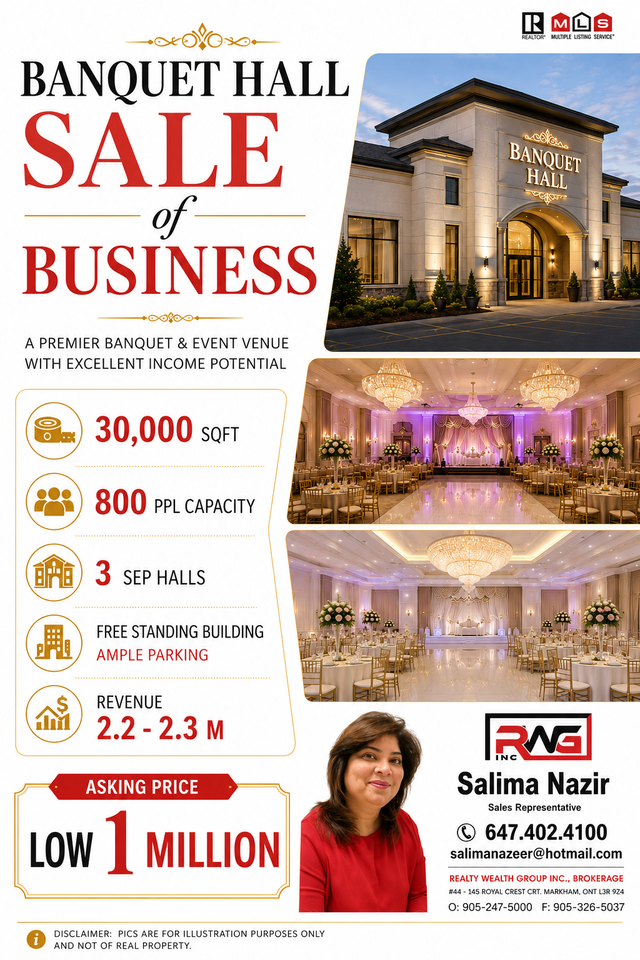 Banquet hall for business for sale IN GTA