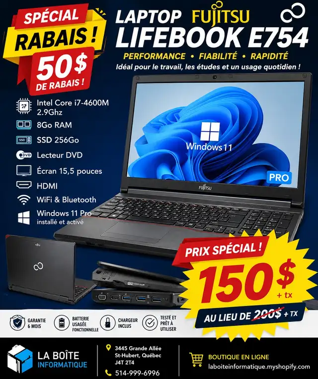Fujitsu Lifebook E754 15,6po i7-4600M 2.9Ghz SSD 256Go DVD HDMI