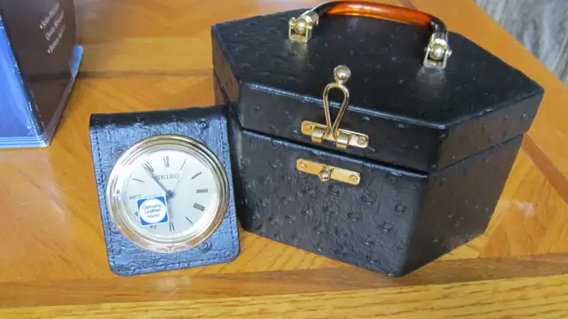 LOVELY BLACK LEATHER JEWELRY BOX WITH SEIKO TRAVEL ALARM CLOCK
