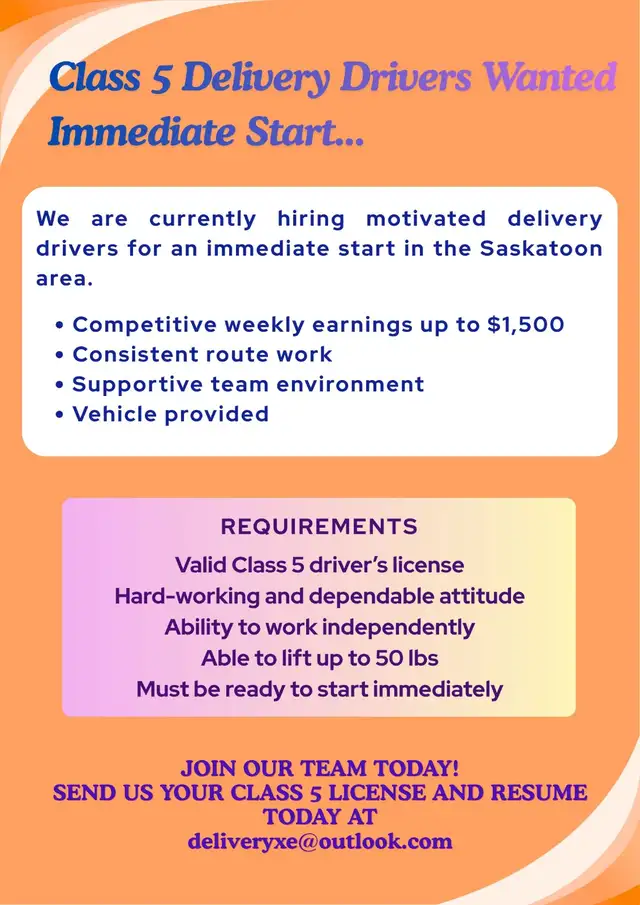 Class 5 Delivery Drivers Wanted Immediate Start...