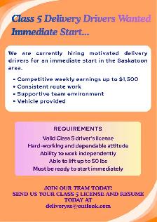 Class 5 Delivery Drivers Wanted Immediate Start...