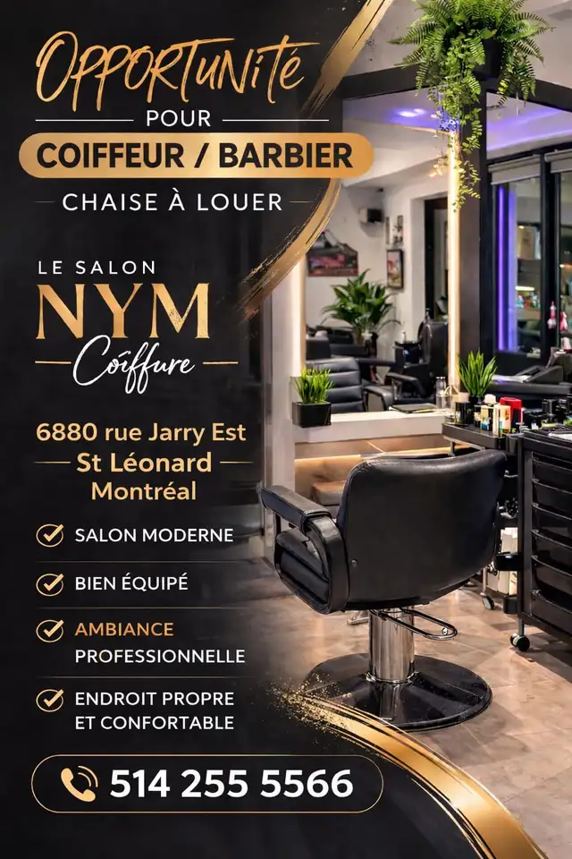 Coiffeur/Barbier - Chaise à louer Salon de Coiffure NYN