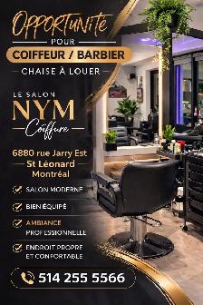 Coiffeur/Barbier - Chaise à louer Salon de Coiffure NYN