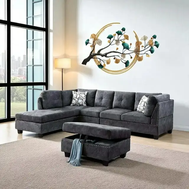 Sleek Grey Sectional Sofa Set With Storage Ottoman Now On Sale
