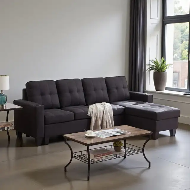 New Reversible Sectional Sofa in Faux Leather - Black Clearance