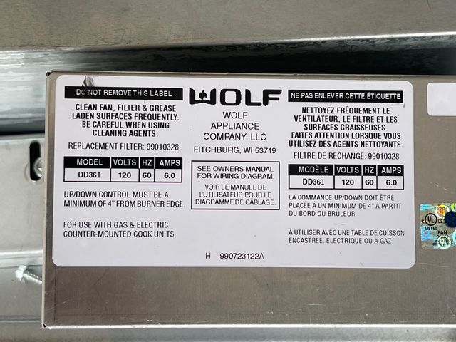 FOR SALE:  Wolf Down Draft Unit Vent