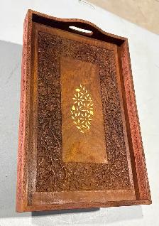 Moroccan Style Hand-Carved Wooden Serving Tray (w Inlay)