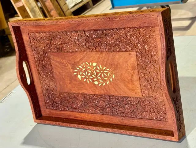 Moroccan Style Hand-Carved Wooden Serving Tray (w Inlay) - Photo 2