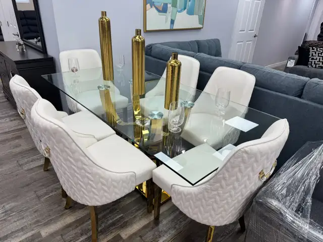 Classy Metallic Dining Table With Leather Chair Floor Model Sale