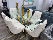 Classy Metallic Dining Table With Leather Chair Floor Model Sale