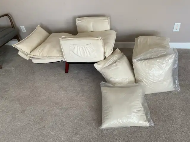 Cream fabric reclining arm chair $250.  Ottoman, 4 pillow - Photo 4