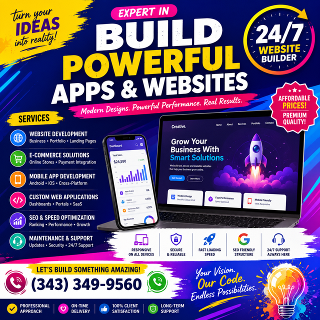 BUILD POWERFUL APPS & WEBSITES. 24/7 WEBSITE BUILDER(343)3499560