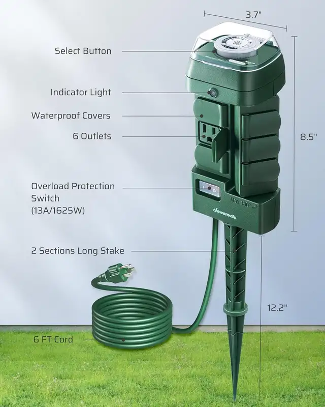 Dewenwils Outdoor Power Stake 6 Outlets w/ Timer - Photo 9