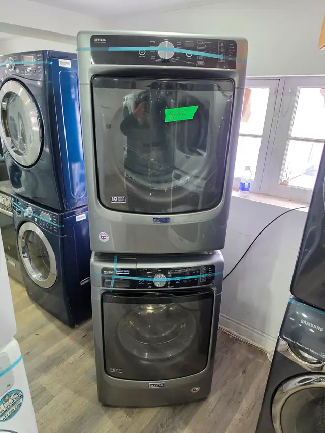 WOW! Maytag 27' Grey Front-Load Stackable Washer GAS Dryer Set