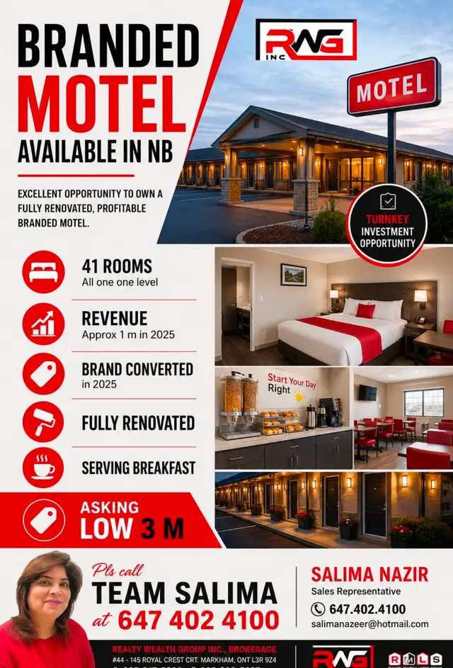BRANDED MOTEL FOR SALE IN NEW BRUNSWICK, 41 ROOMS 1 M REVENUE
