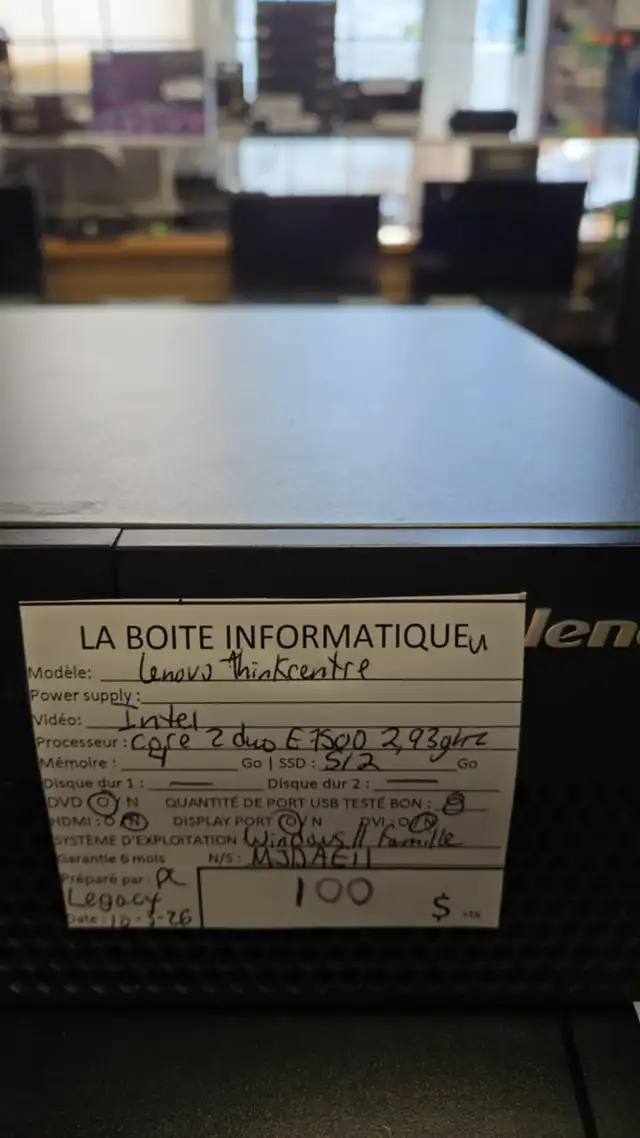PC Lenovo ThinkCentre SSD 512Go 4Go Ram DVD DP Win11 Legacy