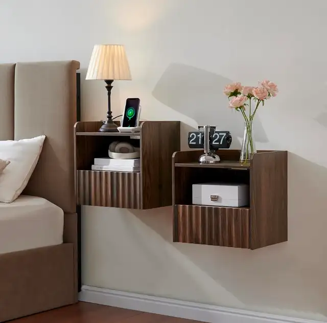 BuildHom Floating Wall-Mounted Nightstands – Walnut  (Set of 2)