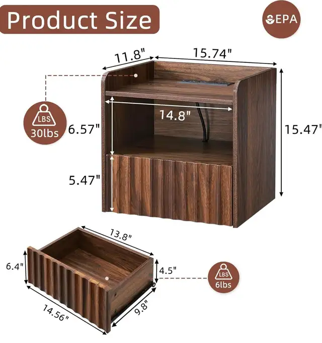 BuildHom Floating Wall-Mounted Nightstands – Walnut  (Set of 2) - Photo 2