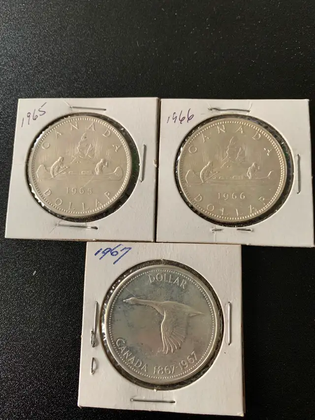 Canadian Silver Dollars 1965, 1966,1967, In excellent condition