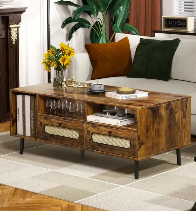 Mid-Century Modern Coffee Table w/ Drawers & Open Shelvi - Photo 2