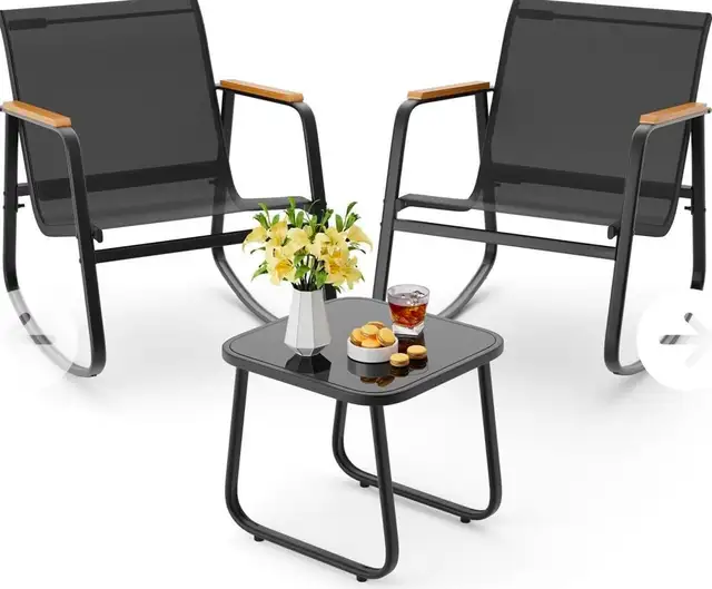 Modern Outdoor Rocking Bistro Set – Patio Set w/ Glass Table (B