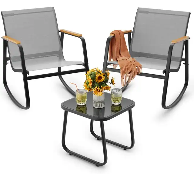 Modern Outdoor Rocking Bistro Set – Patio Set w/ Glass Table (B - Photo 2