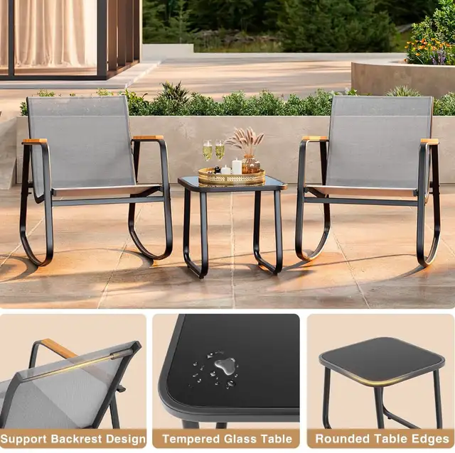 Modern Outdoor Rocking Bistro Set – Patio Set w/ Glass Table (B - Photo 6
