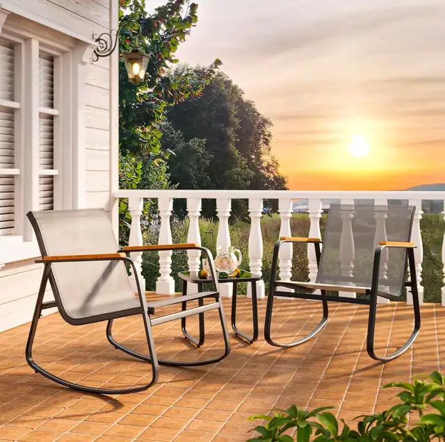 Modern Outdoor Rocking Bistro Set – Patio Set w/ Glass Table (B - Photo 7