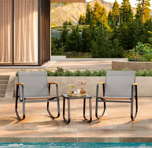 Modern Outdoor Rocking Bistro Set – Patio Set w/ Glass Table (B - Photo 9