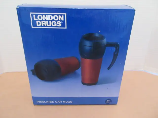 NEW: LONDON DRUGS INSULATED CAR MUGS SET (16 OZ) IN ORIGINAL BOX