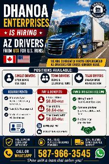 Hiring AZ Single & Team Driver & O/O Usa runs
