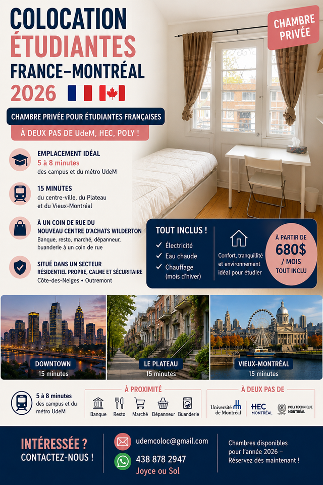 UdeM COLOC ETUDIANTES France MTL a partir $680 tout inclu