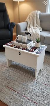 Small trunk in white, with plaid accent and graphics - upcycled