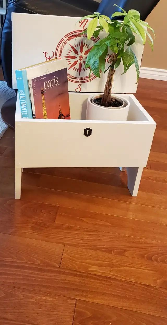 Small trunk in white, with plaid accent and graphics - upcycled - Photo 4