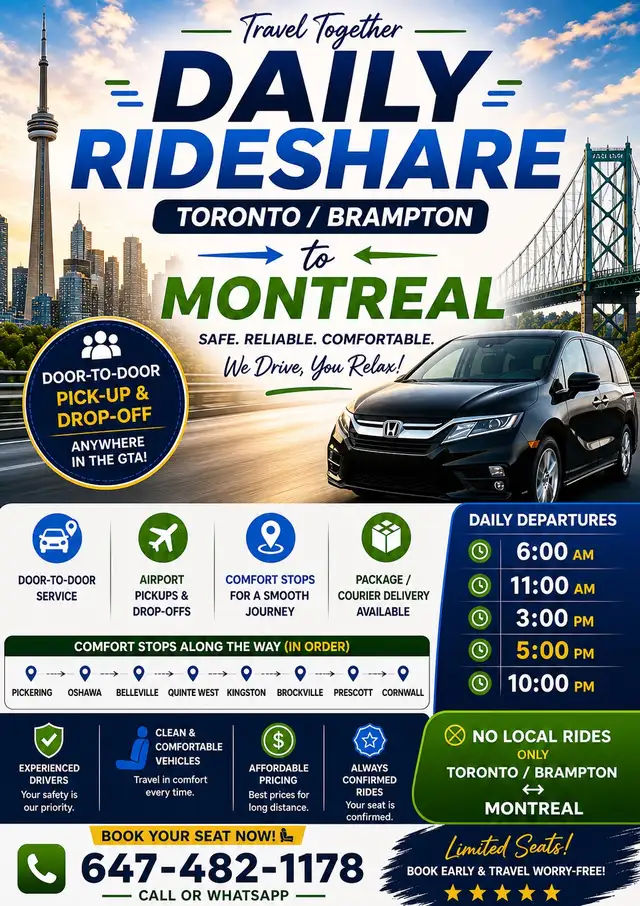 Toronto to Montreal Daily Rides Rideshare Brampton to Montreal - Photo 2