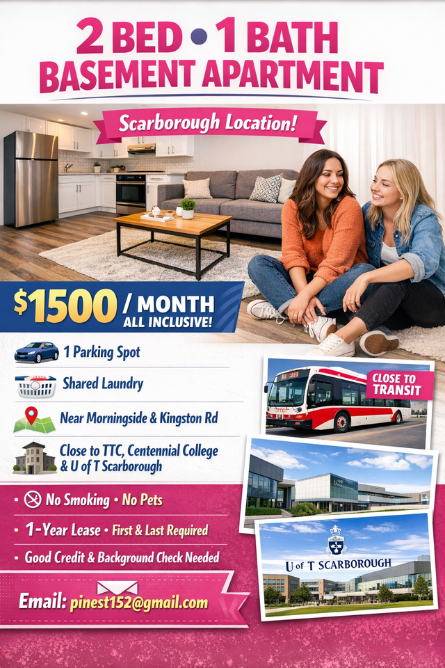 Two Bedroom basement apartment for Rent Scarborough