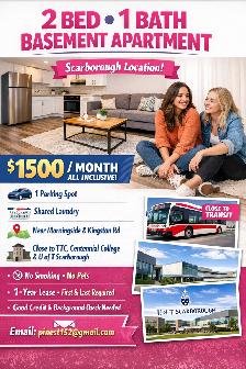 Two Bedroom basement apartment for Rent Scarborough