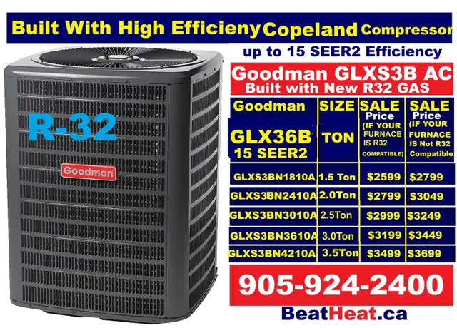Goodman air conditioner with new gas R32 upto 15 seer from $2599