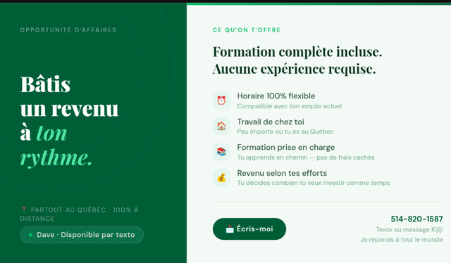 Opportunité flexible — revenu additionnel, formation incluse