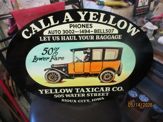 YELLOW TAXICAB CO. IOWA MODEL T TIN OVAL SIGN $150 MANCAVE DECOR