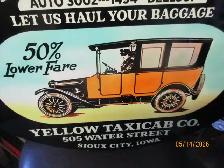 YELLOW TAXICAB CO. IOWA MODEL T TIN OVAL SIGN $150 MANCAVE DECOR - Photo 2