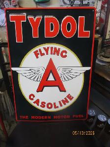 TYDOL FLYING A GAS MOTOR FUEL EMBOSSED TIN SIGN $80 MANCAVE WALL