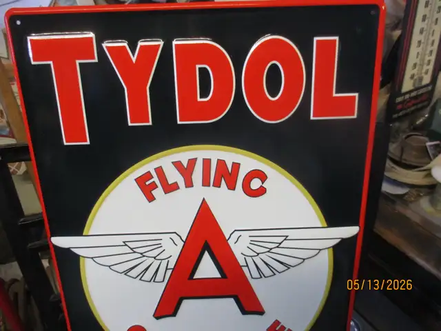 TYDOL FLYING A GAS MOTOR FUEL EMBOSSED TIN SIGN $80 MANCAVE WALL - Photo 2