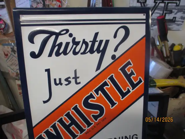 1939 WHISTLE 5C EMBOSSED TIN WALL SIGN $80 SODA POP MANCAVE - Photo 2