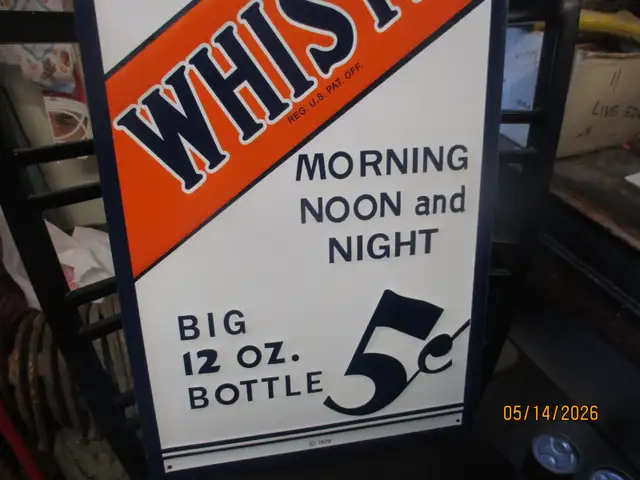 1939 WHISTLE 5C EMBOSSED TIN WALL SIGN $80 SODA POP MANCAVE - Photo 3