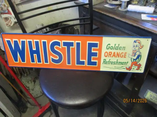 1939 WHISTLE 5C EMBOSSED TIN WALL SIGN $80 SODA POP MANCAVE - Photo 6