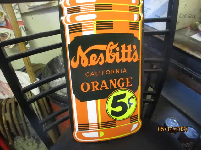 DRINK NESBITTS ORANGE 5C TIN SODA POP WALL SIGN $80 MANCAVE - Photo 3