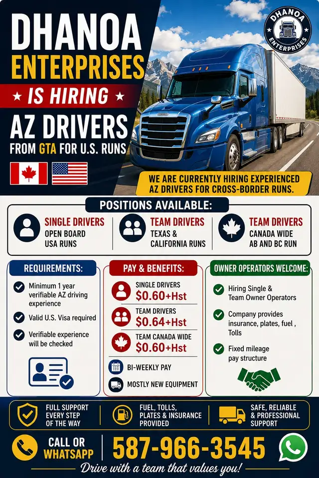 Hiring Single & Team Driver ON to USA , (ON to AB BC teams)